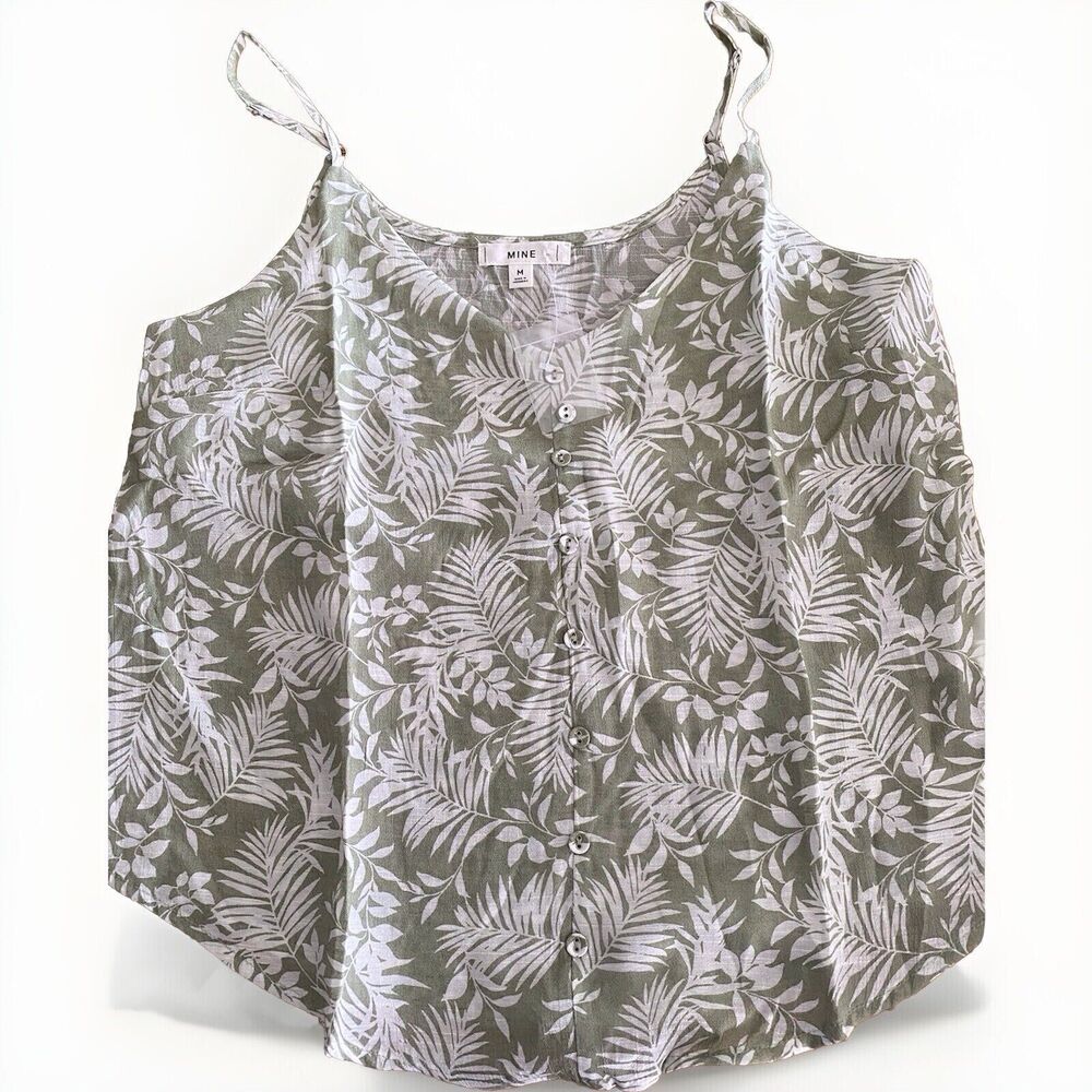 Mine Blouse Shirt Tank Green Tropical‎ Print Medium Button White Loose Fit Top